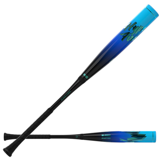2027 Easton Hype Fire BBCOR Baseball Bat -3oz EBB7HYP3 — two-bat hero, logo and reverse faces [EBB7HYP3_two_bat_hero.jpg]
