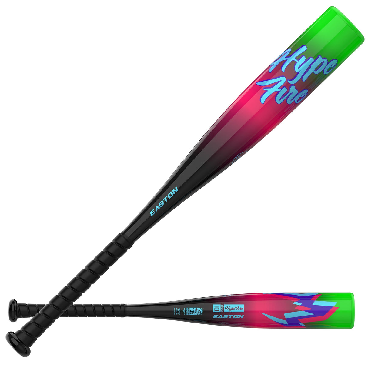 2027 Easton Hype Fire Junior Big Barrel USSSA Baseball Bat -10oz EJB7HYP10 — two-bat hero, logo and reverse faces [EJB7HYP10_two_bat_hero.jpg]