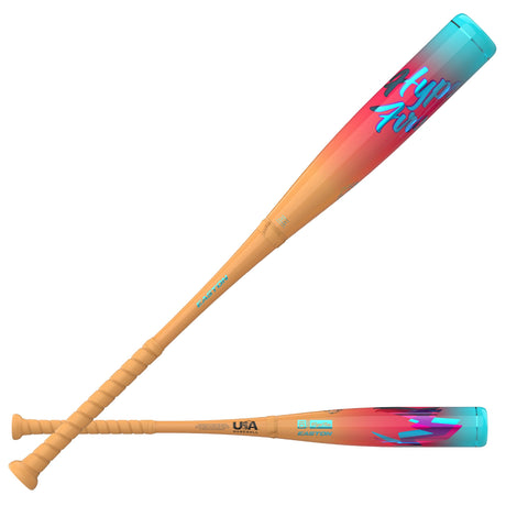 2027 Easton Hype Fire Youth USA Baseball Bat -10oz EUS7HYP10 — two-bat hero, logo and reverse faces [EUS7HYP10_two_bat_hero.jpg]