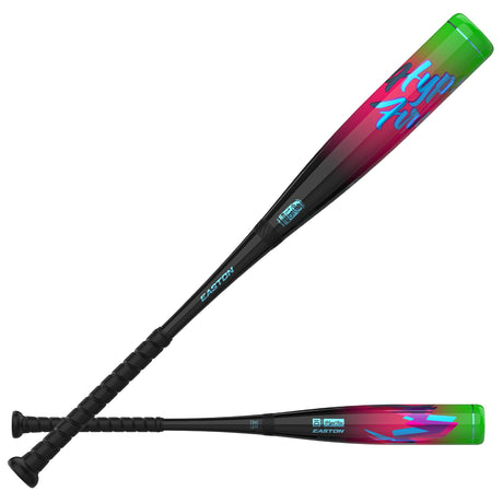 2027 Easton Hype Fire Youth USSSA Baseball Bat -10oz EUT7HYP10 — two-bat hero, logo and reverse faces [EUT7HYP10_two_bat_hero.jpg]