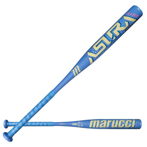 2027 Marucci Asura Rise Alloy Fastpitch Softball Bat -12oz MFPASRA12 — two-bat hero, logo and reverse faces [MFPASRA12_two_bat_hero.jpg]
